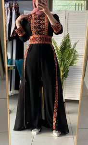 Stylish Black And Beige Embroidered Jumpsuit Dress with Palestinian Embroidery