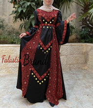 Stunning Satin Black and Red Palestinian Embroidered Extra Cloche Dress With Coins