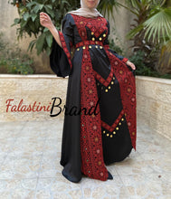 Stunning Satin Black and Red Palestinian Embroidered Extra Cloche Dress With Coins