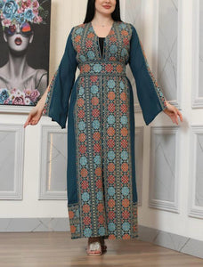 Turquoise and beige Georgette Embroidered Open Abaya Kaftan  Long Split Sleeve