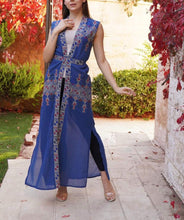 Blue Palestinian Lite Georgette Embroidered Long Vest Abaya