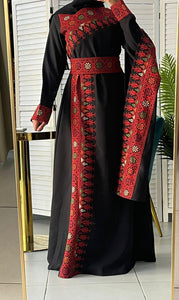 Elegant Black and Red Shoulder Details Embroidered Dress with colorful flowers