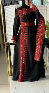 Elegant Black and Red Shoulder Details Embroidered Dress with colorful flowers