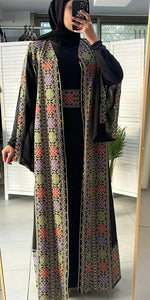 Black and Beige Chiffon Embroidered Open Abaya Kaftan  Long Split Sleeve