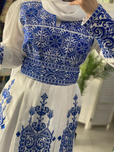 Royal White Dress with Unique Blue Embroidery and Long Tail