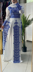 Royal White Dress with Unique Blue Embroidery and Long Tail