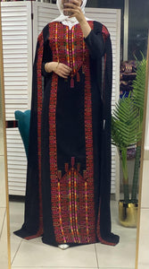 Stylish Black and Red Palestinian Embroidered Abaya Chiffon Dress with Back Layer