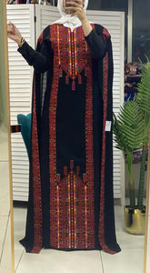 Stylish Black and Red Palestinian Embroidered Abaya Chiffon Dress with Back Layer