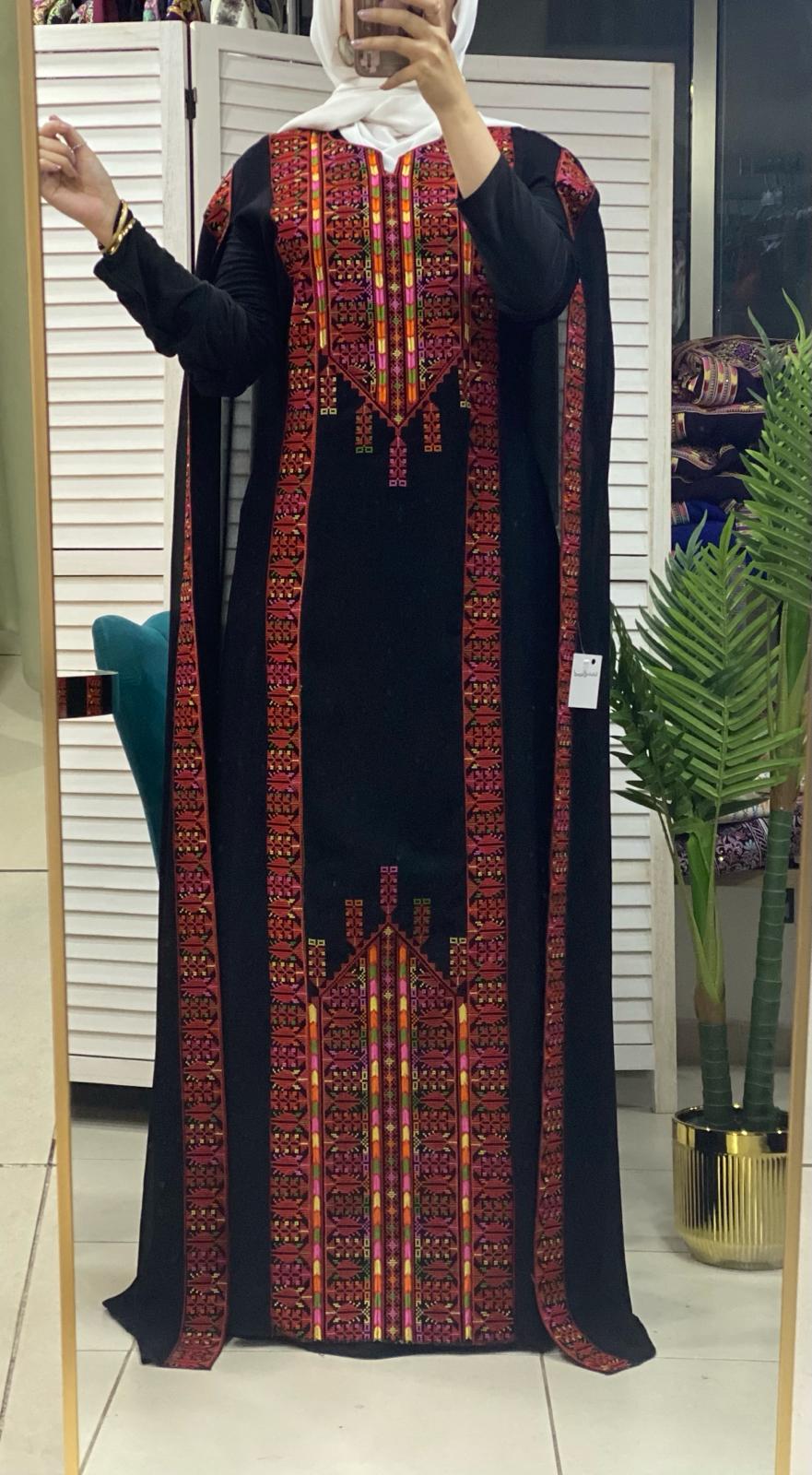 Stylish Black and Red Palestinian Embroidered Abaya Chiffon Dress with Back Layer