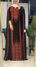 Stylish Black and Red Palestinian Embroidered Abaya Chiffon Dress with Back Layer