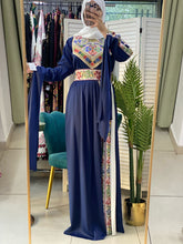 Gorgeous Navy Satin Dress With Colorful Embroidery and Slit Sleeves