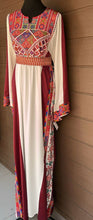 Palestinian Embroidered White Thobe Dress Palestinian Embroidery with Burgundy Satin Details