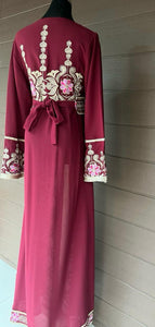 Burgundy and Beige Chiffon Abaya with Half Zipper Details