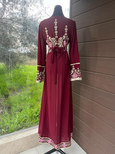 Burgundy and Beige Chiffon Abaya with Half Zipper Details