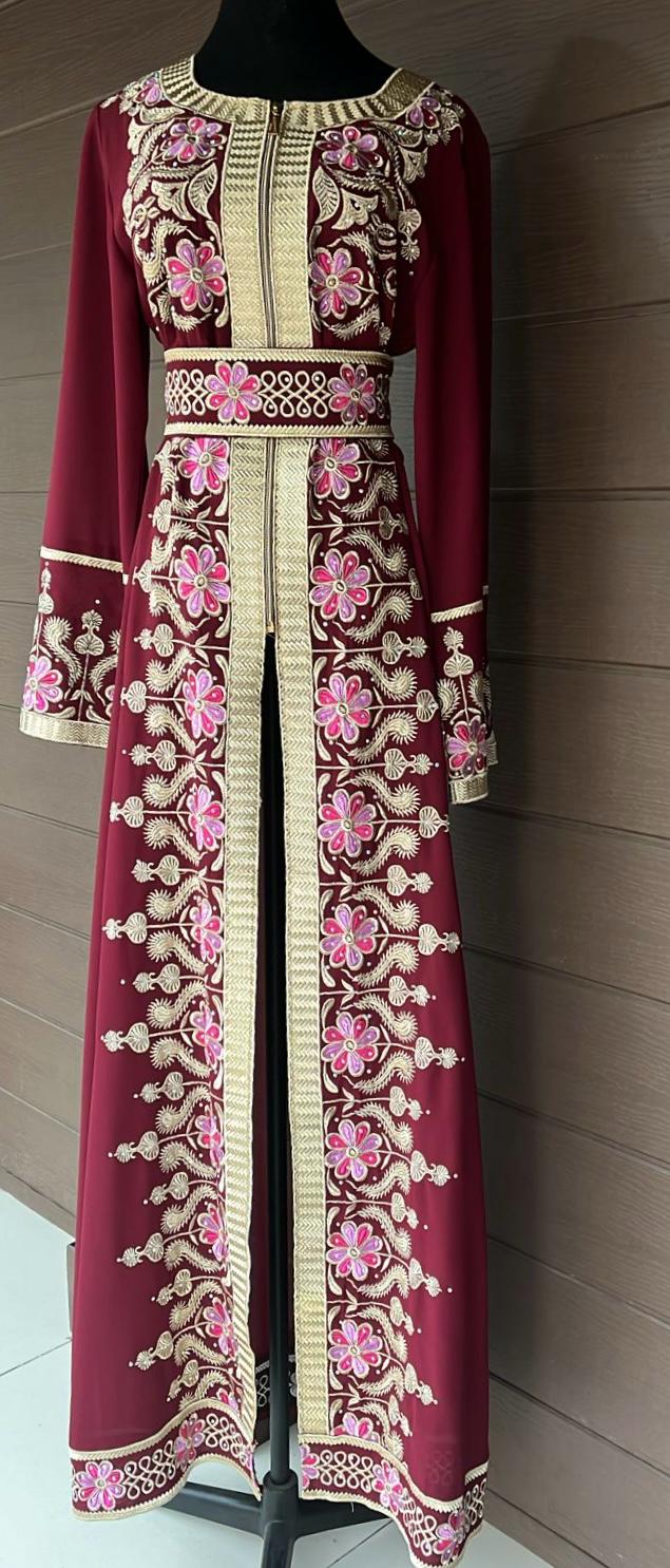 Burgundy and Beige Chiffon Abaya with Half Zipper Details