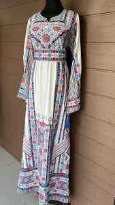 Full of Details White and Blue Palestinian Embroidered Thobe Dress with Kashmir Details