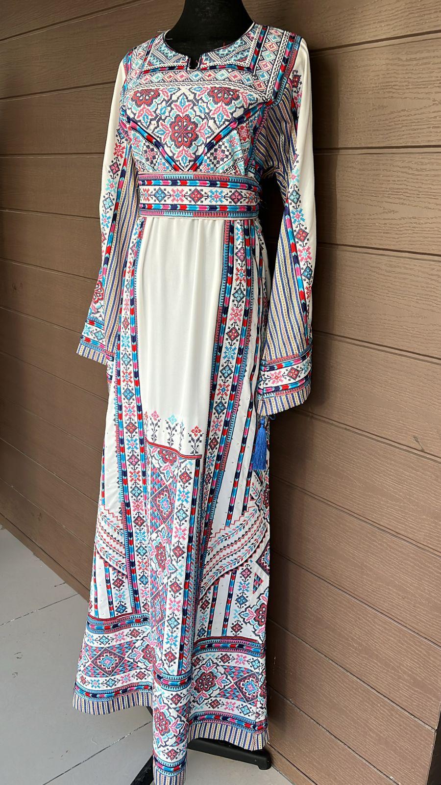 Full of Details White and Blue Palestinian Embroidered Thobe Dress with Kashmir Details