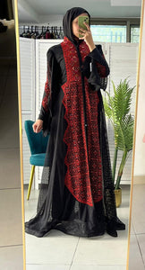 Wonderful Palestinian Black & Red Embroidered Abaya with Half Zipper Details