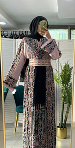 Full of Details Palestinian Embroidered Navy And Pink Thobe Dress Palestinian Embroidery