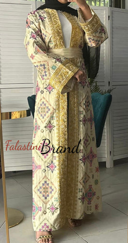 Luxurious Beige Diamond Embroidered Abaya with Golden Thread Details