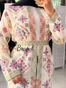 Stylish Off White and Colorful Georgette Diamond Embroidered Open Abaya Kaftan