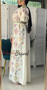 Stylish Off White and Colorful Georgette Diamond Embroidered Open Abaya Kaftan