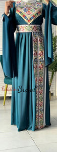 Gorgeous Turquoise Satin Dress With Colorful Embroidery and Slit Sleeves