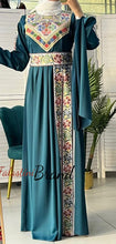 Gorgeous Turquoise Satin Dress With Colorful Embroidery and Slit Sleeves