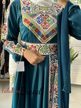 Gorgeous Turquoise Satin Dress With Colorful Embroidery and Slit Sleeves