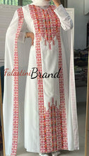 Stylish White and Red Palestinian Embroidered Abaya Chiffon Dress with Back Layer