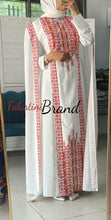 Stylish White and Red Palestinian Embroidered Abaya Chiffon Dress with Back Layer