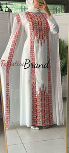 Stylish White and Red Palestinian Embroidered Abaya Chiffon Dress with Back Layer