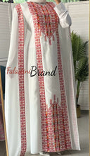 Stylish White and Red Palestinian Embroidered Abaya Chiffon Dress with Back Layer