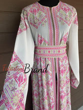 White And Pink Palestinian Embroidered Kaftan Dress