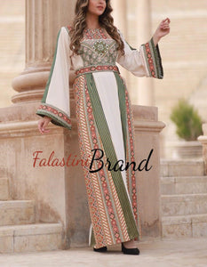 Modern Style Off White Palestinian Thobe with Unique Embroidery and Kashmir Details