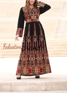 Unique Black Indian Style Thobe Dress with Palestinian Embroidery