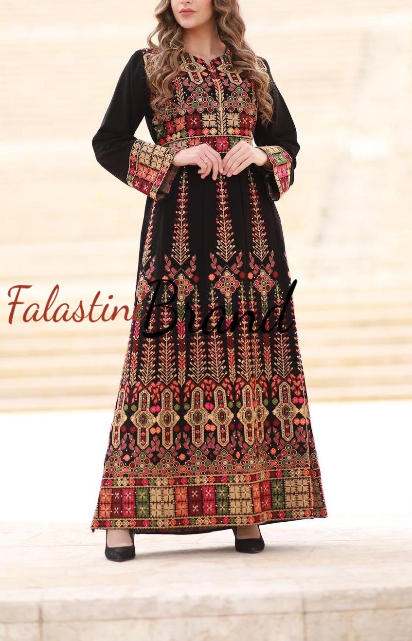 Unique Black Indian Style Thobe Dress with Palestinian Embroidery