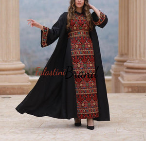 Royal Black Embroidered Dress and Abaya Set with Colored Embroidery