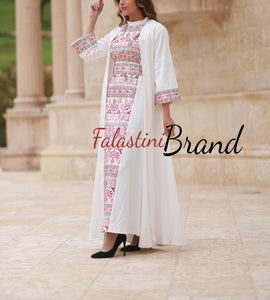 Royal White Embroidered Dress and Abaya Set with Colored Embroidery