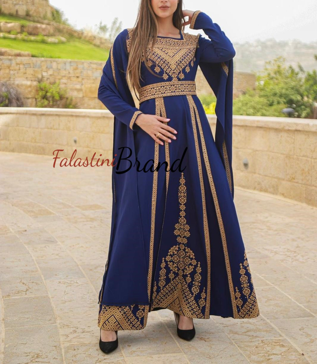 Dark Blue And Golden Royal Design Dress with Unique Embroidery