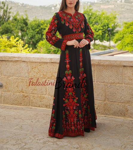 Super Elegant Black Cloche Dress with Red Colorful Embroidery