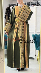 Royal Green and Golden Embroidered Dress and Abaya Set