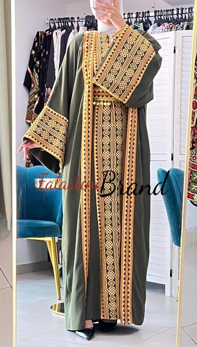 Royal Green and Golden Embroidered Dress and Abaya Set