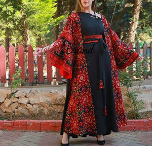 Black and Red Oversize Luxurious Full Embroidered Dress and Abaya Set