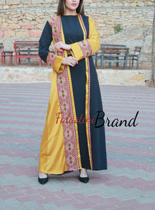 Elegant Yellow and Black Dress and Abaya Set with Palestinian Embroidery and Satin Details