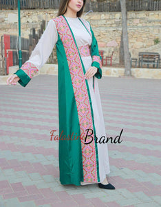 Elegant Green and Off White Dress and Abaya Set with Palestinian Embroidery and Satin Details