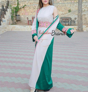 Elegant Green and Off White Dress and Abaya Set with Palestinian Embroidery and Satin Details