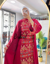 Burgundy Embroidered Satin Dress and Abaya Set with Unique Embroidery