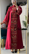 Burgundy Embroidered Satin Dress and Abaya Set with Unique Embroidery