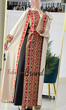 Beige Embroidered Satin Dress and Abaya Set with Diamond Unique Embroidery